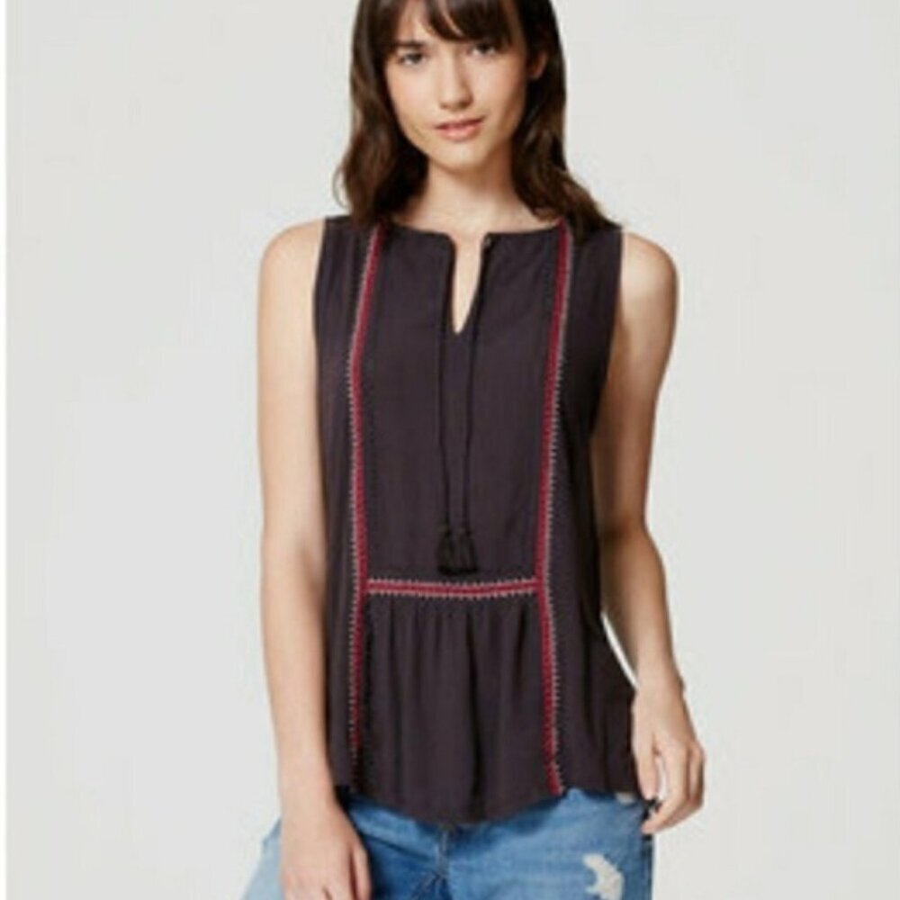LOFT Ann Taylor Lightweight Tank Top with tassel tie shut, embroidered - Medium
